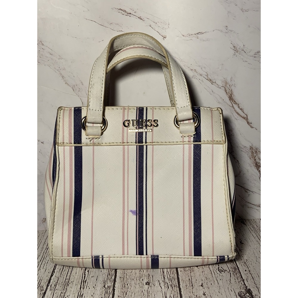 GUESS Los Angeles Pink Blue Striped Mini Purse Handbag 7x6x2 Woman's Clutch‎